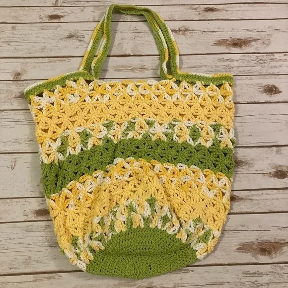 Vintage Handmade Quilt Granny Crotchet Large Crossbody Shopping Bag - Picture 13 of 13